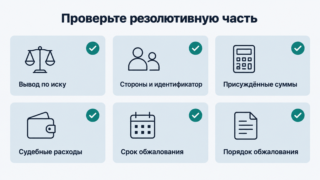 Чек-лист из шести карточек с пиктограммами для самопроверки обязательных элементов резолютивной части судебного решения