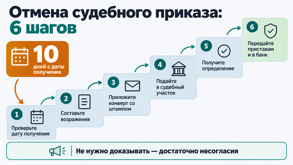 Пошаговая инфографика отмены судебного приказа в виде шести ступеней с выделенным сроком 10 дней с даты получения документа