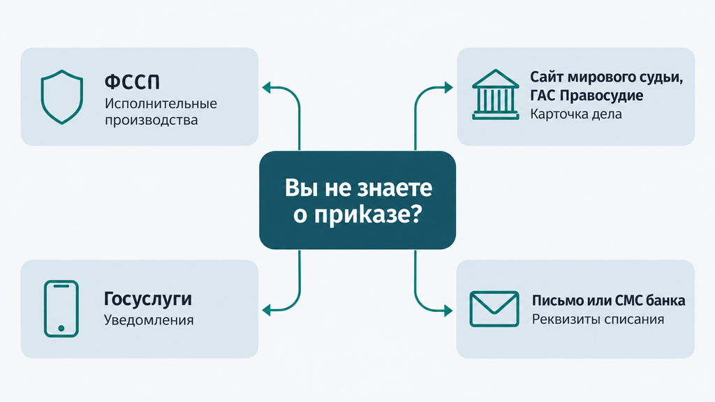 Схема четырех официальных способов проверить судебный приказ о взыскании задолженности
