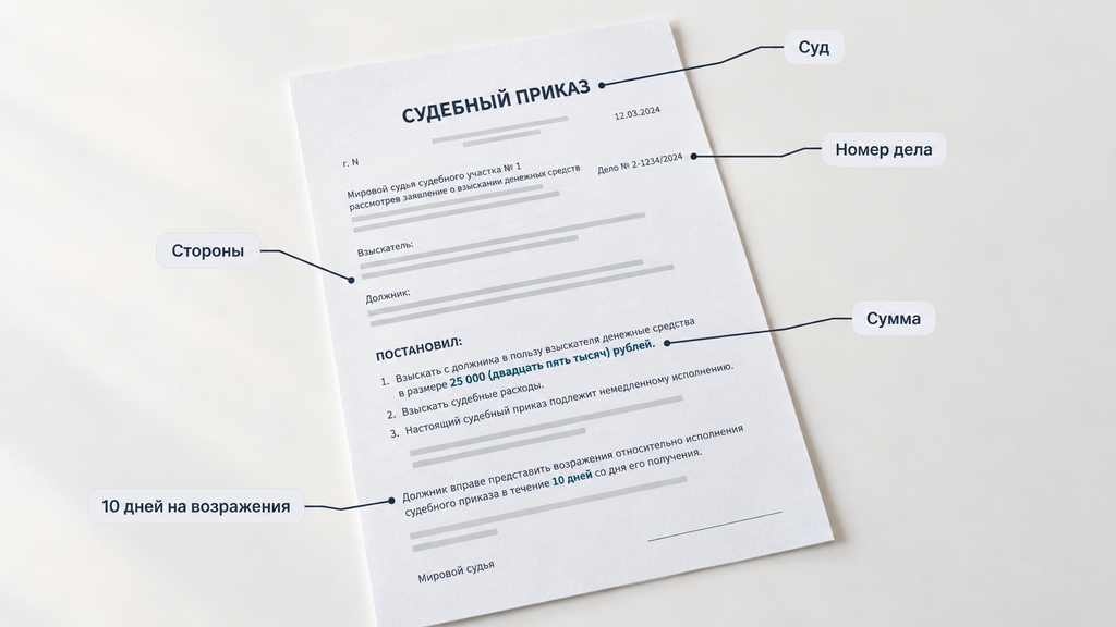 Стилизованный макет судебного приказа формата А4 с выносками к основным полям: суд, номер дела, стороны, сумма и срок для возражений. Нейтральный документ без личных данных.