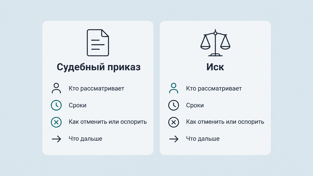 Сравнительная карточка судебного приказа и искового производства при взыскании долгов