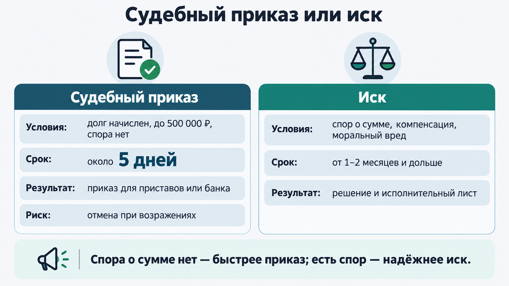 Сравнение судебного приказа и искового производства для взыскания задолженности по зарплате. Критерии выбора оптимального пути взыскания.