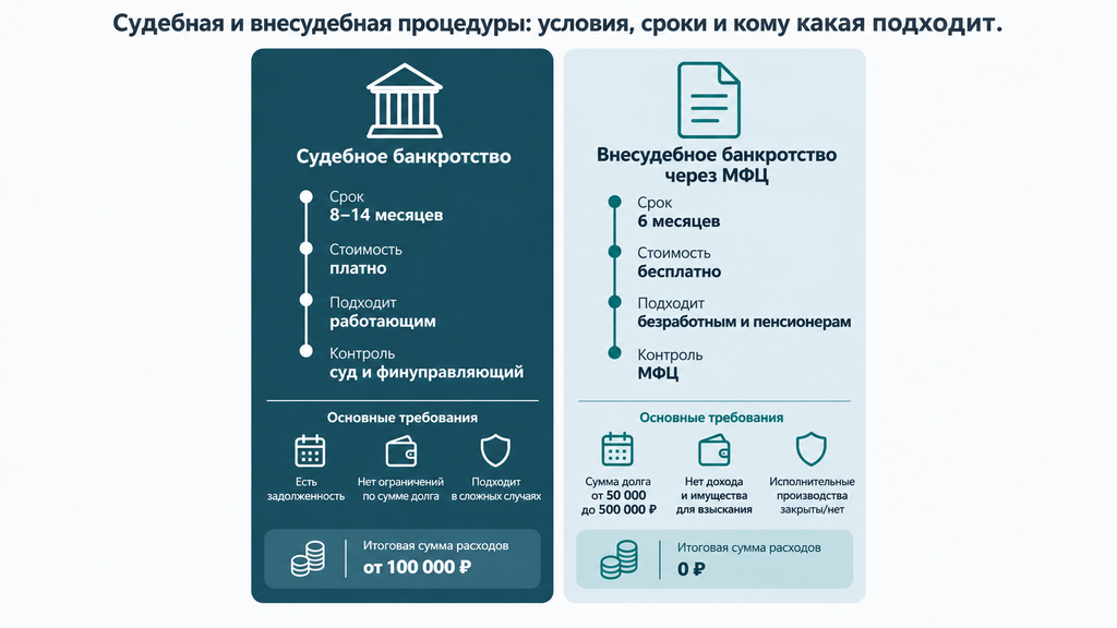 Сравнение судебного банкротства и внесудебного списания долгов через МФЦ: условия, сроки, стоимость и целевая аудитория процедур