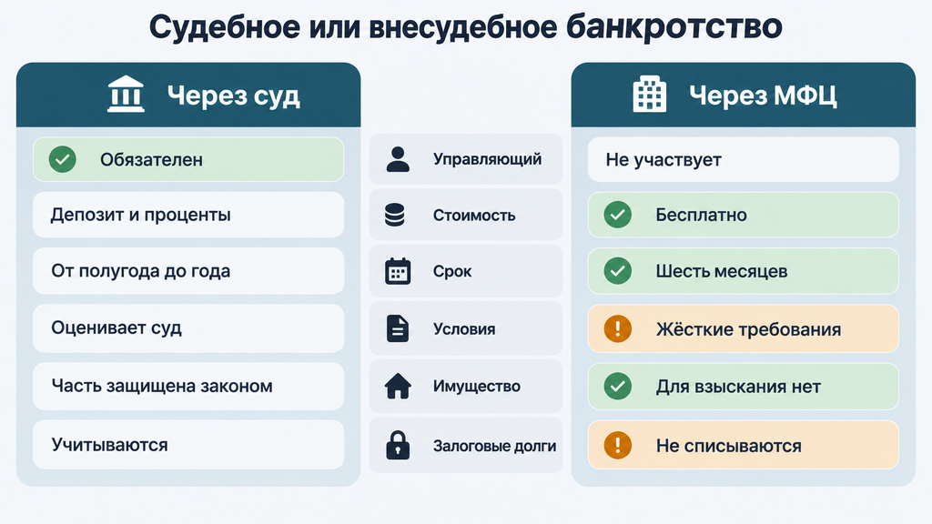 Сравнение судебного и внесудебного банкротства через МФЦ: карточки с условиями, сроками, стоимостью и ролью управляющего для выбора процедуры