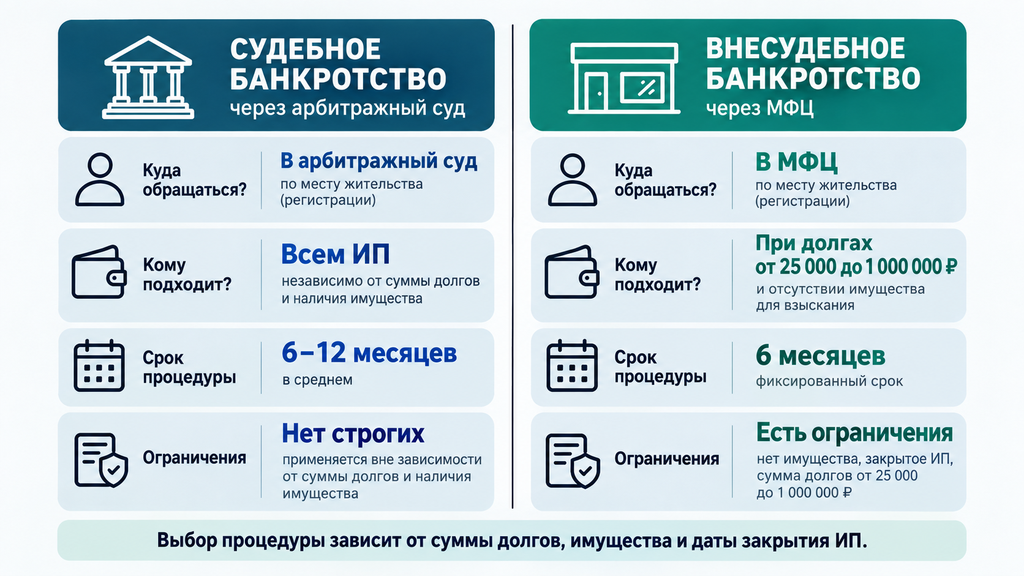 Инфографика сравнения судебного и внесудебного банкротства через МФЦ для бывшего индивидуального предпринимателя с ключевыми параметрами выбора процедуры