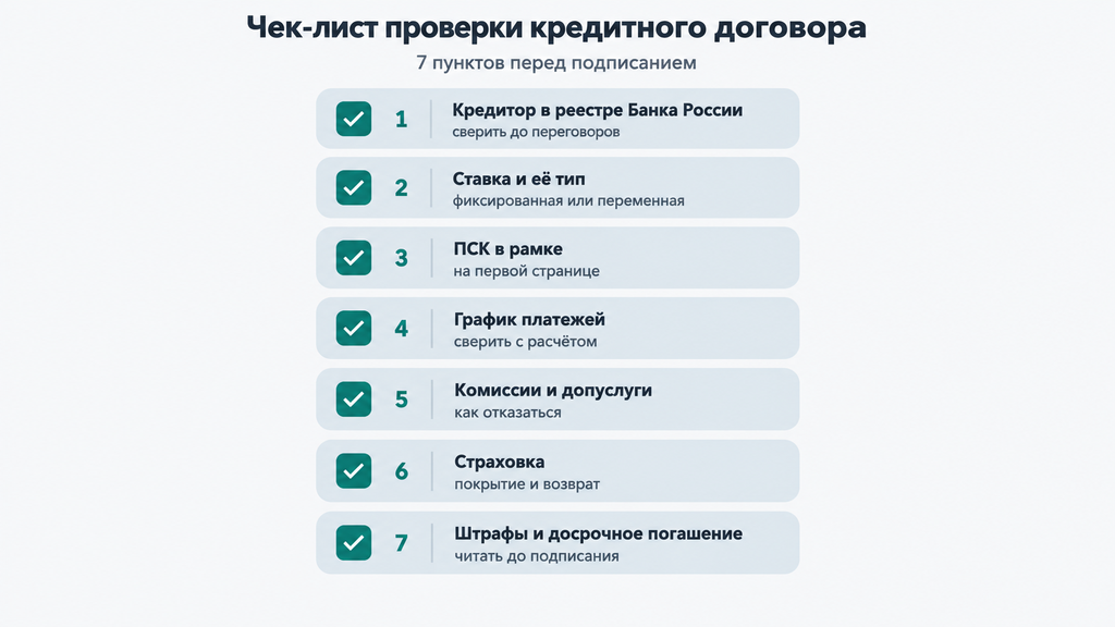 Чек-лист проверки кредитного договора на 7 пунктов перед подписанием с подсказками по ключевым условиям