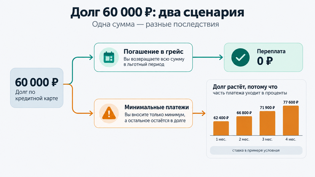 Инфографика: погашение кредита 60000 рублей в льготный период без переплаты против постоянного роста долга при минимальных платежах