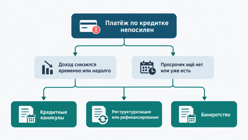 Дерево решений по оплате долга по кредитной карте: варианты в зависимости от дохода, просрочки и суммы долга