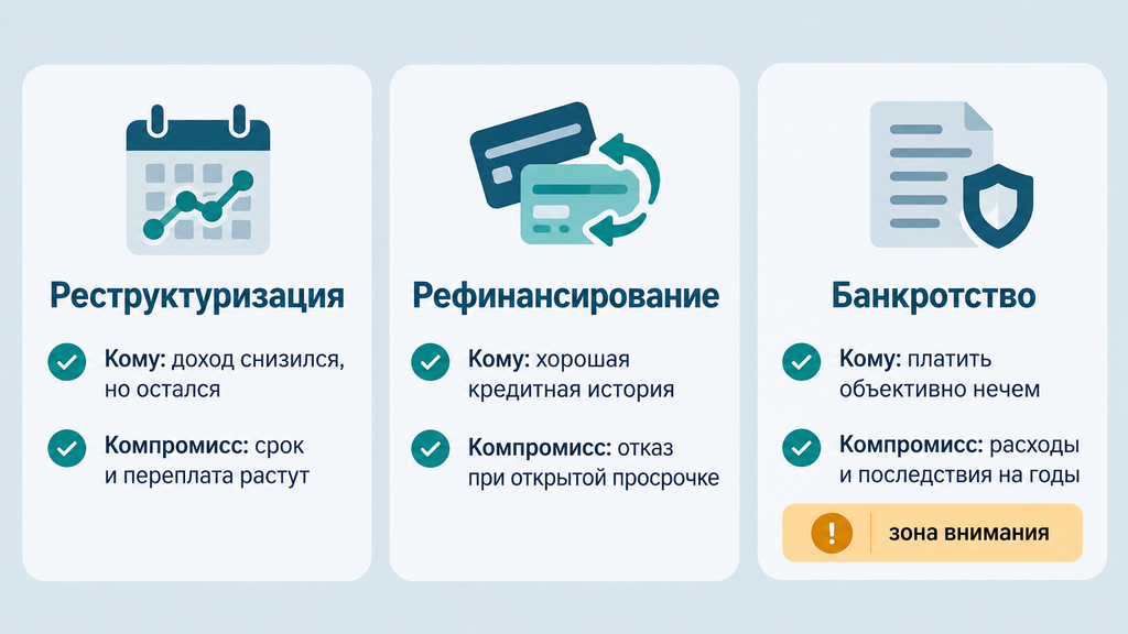 Инфографика сравнения сценариев погашения долга по кредитной карте: реструктуризация, рефинансирование и банкротство с указанием целевой аудитории и ограничений