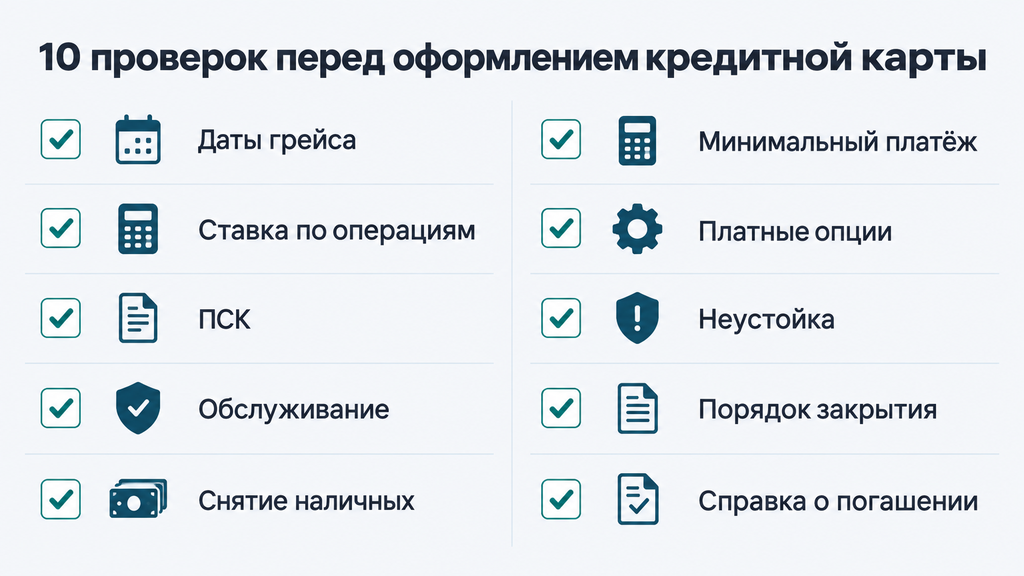 Чек-лист из 10 проверок перед оформлением кредитной карты с пиктограммами и статусами