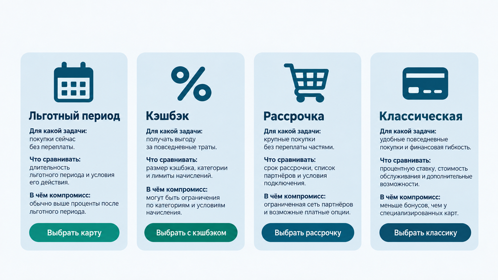 Сравнительная матрица четырёх типов кредитных карт с выбором по финансовой задаче, критериями сравнения и основными компромиссами каждого варианта