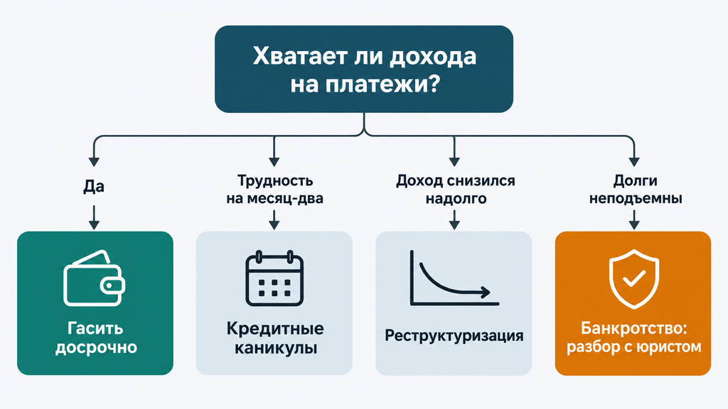 Дерево решений по кредиту: досрочное погашение, уменьшение платежа, каникулы или банкротство в зависимости от дохода