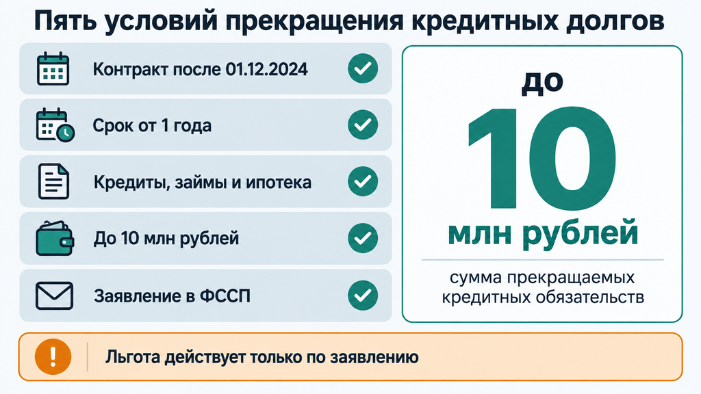 Карточка с пятью условиями прекращения кредитных долгов для контрактников на сумму до 10 млн рублей. Информация о льготе и порядке заявления в ФССП