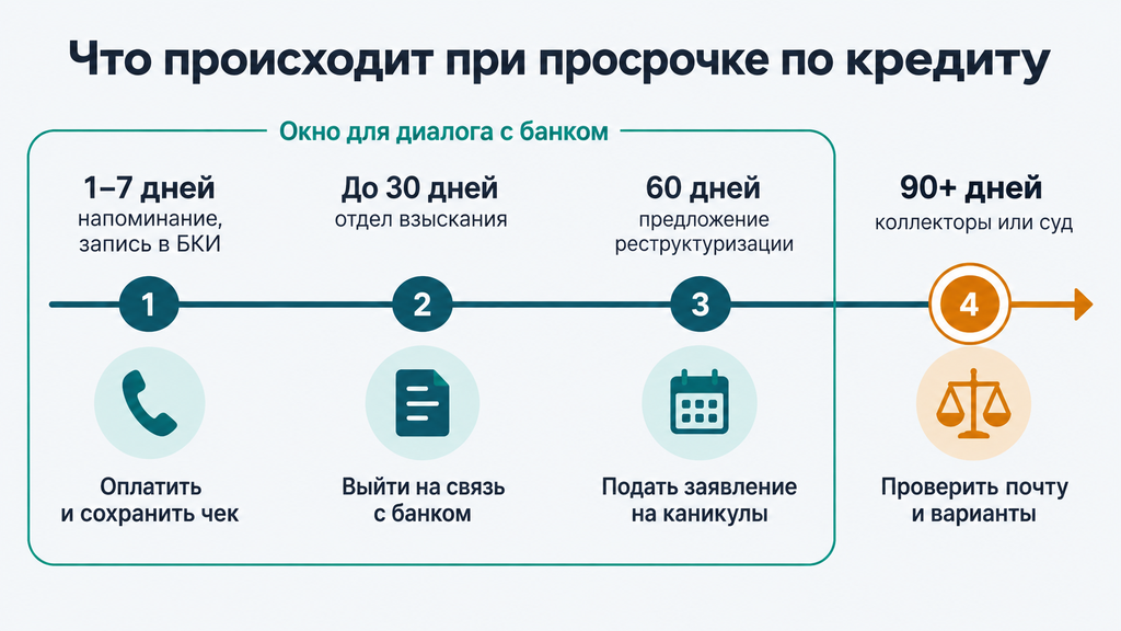 Таймлайн просрочки кредита по дням от 1 до 90+. Этапы работы с банком и действия должника