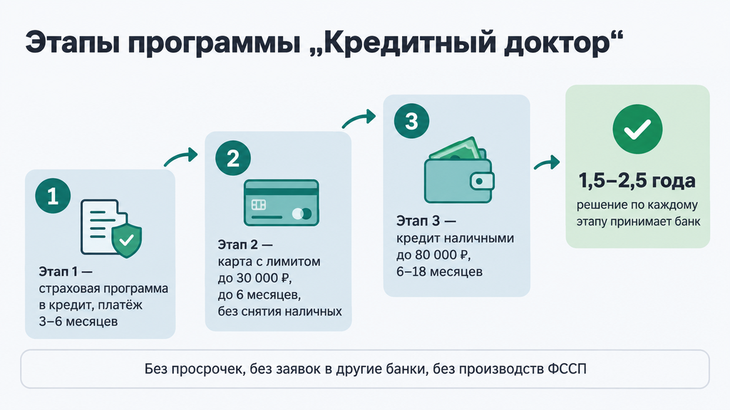Схема работы программы «Кредитный доктор»: три этапа, сроки и условия перехода без просрочек
