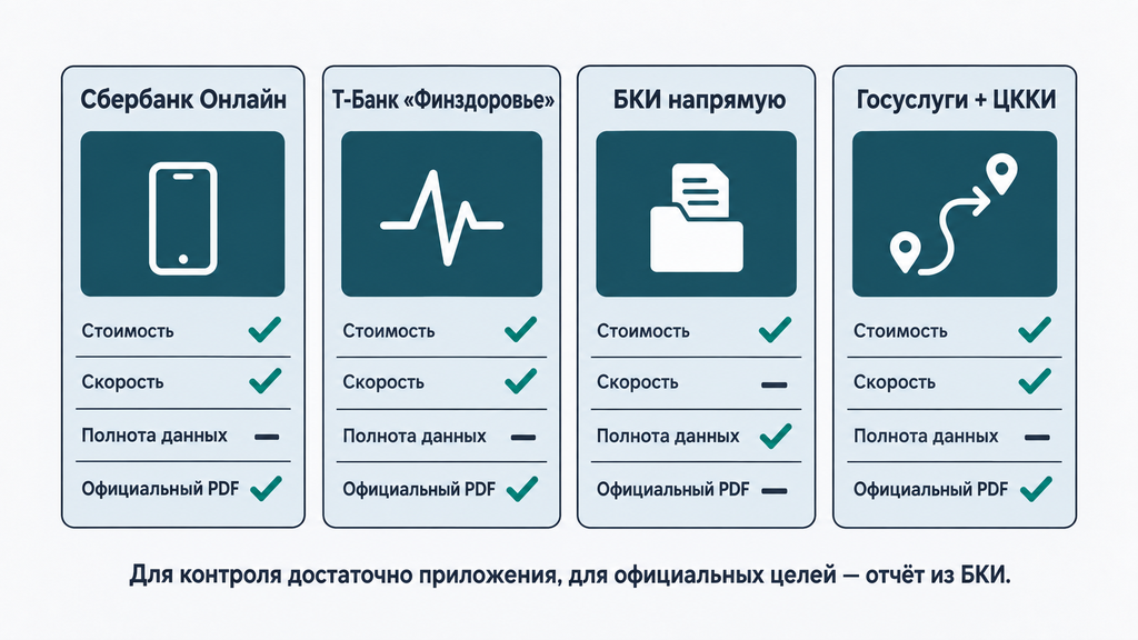 Сравнительная карточка способов проверки кредитной истории через банки, БКИ и Госуслуги с разбором стоимости, скорости и доступа к официальному PDF
