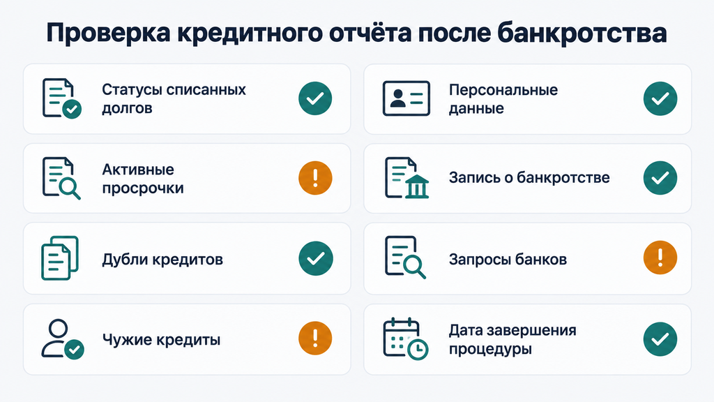 Чек-лист из восьми пунктов для проверки кредитного отчёта после банкротства со статусами проверено и найдена ошибка
