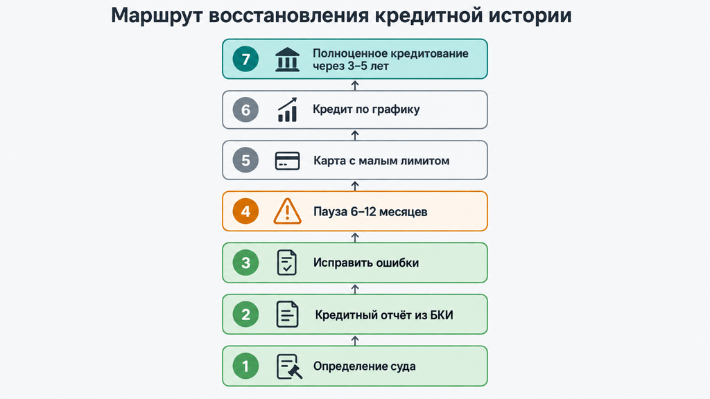 Схема маршрута восстановления кредитной истории после банкротства: 7 шагов от суда до получения кредита через 3-5 лет с цветовой разметкой этапов