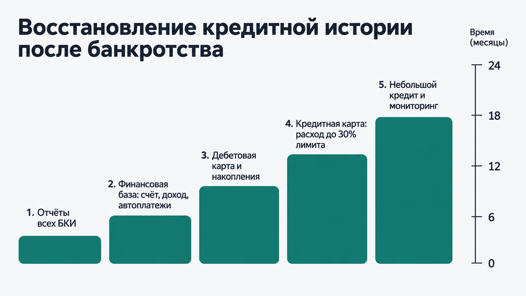 Схематичная лестница из пяти шагов по восстановлению кредитной истории после банкротства с временной шкалой от 0 до 24 месяцев