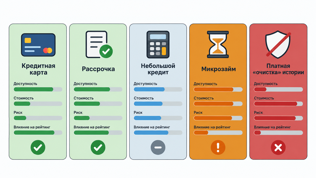 Сравнение инструментов восстановления кредитной истории: карта, рассрочка, небольшой кредит, микрозайм и платная чистка. Карточки с оценкой доступности, стоимости, риска и влияния на рейтинг. Рекомендация выбрать управляемые и дешёвые продукты.