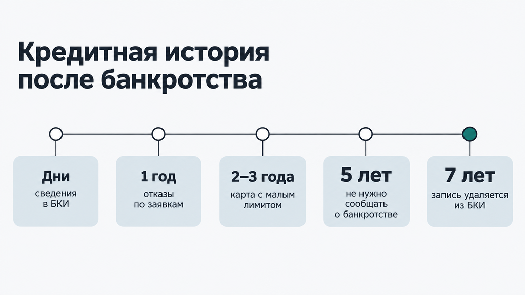 Горизонтальная шкала сроков обновления и удаления сведений о банкротстве из кредитной истории: 1 год, 2–3 года, 5 лет, 7 лет
