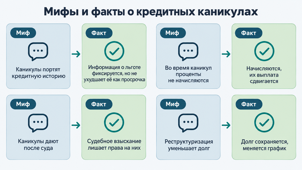 Четыре карточки мифов и фактов о кредитных каникулах и реструктуризации: визуальное развенчание распространённых заблуждений