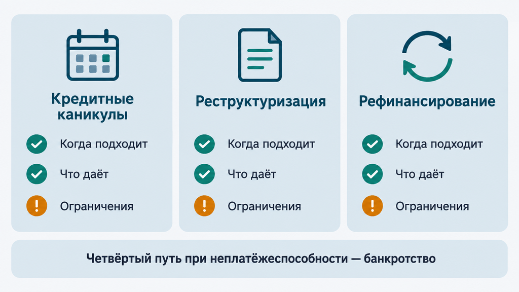 Сравнительные карточки кредитных каникул, реструктуризации и рефинансирования с условиями выбора и пометкой о банкротстве
