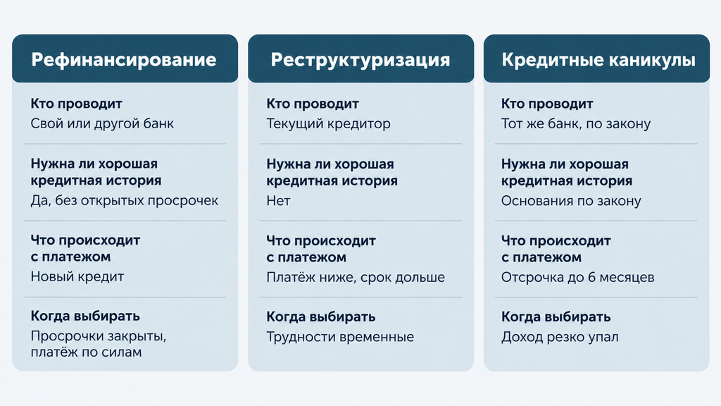 Сравнительная карточка инструментов снижения платежа: рефинансирование, реструктуризация и кредитные каникулы с условиями выбора каждого варианта.