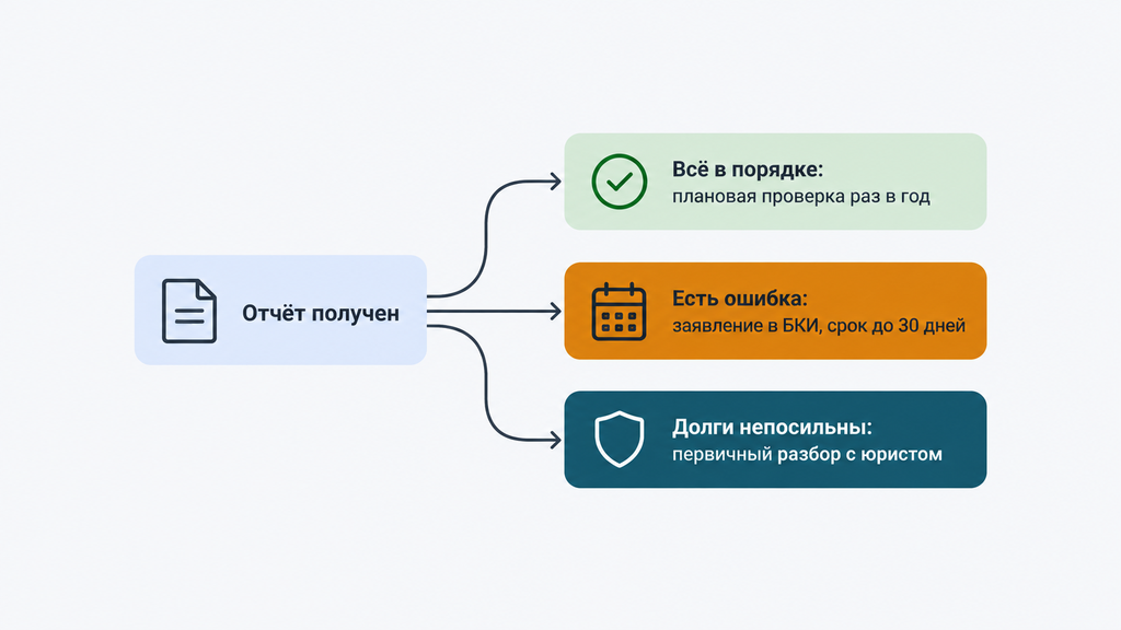Дерево решений после проверки отчёта БКИ с инструкциями по каждому результату