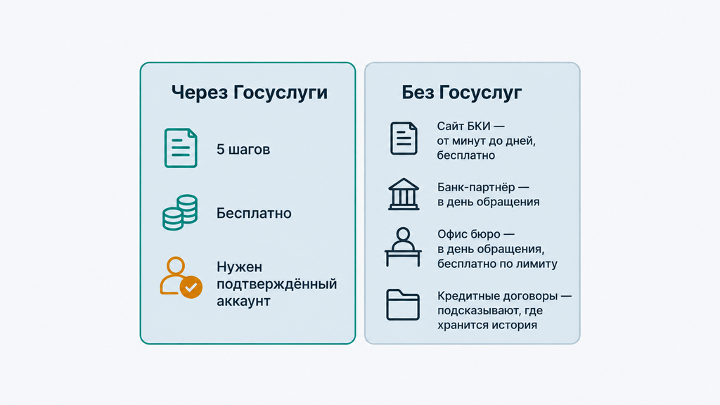 Сравнение законных способов получения кредитного отчёта через Госуслуги и без них с указанием сроков и условий каждого варианта
