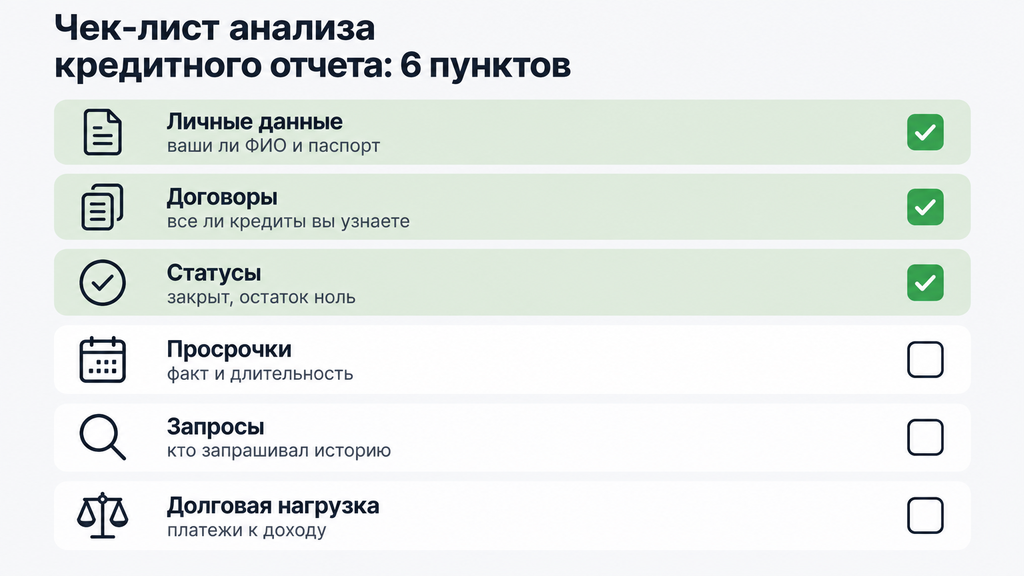 Чек-лист из шести пунктов для самостоятельной проверки кредитного отчета: личные данные, договоры, статусы, просрочки, запросы и долговая нагрузка