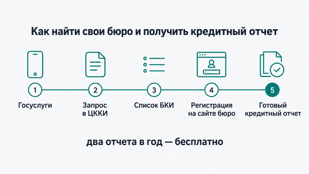 Инфографика с пятью пронумерованными шагами маршрута получения кредитного отчета от Госуслуг до готового документа