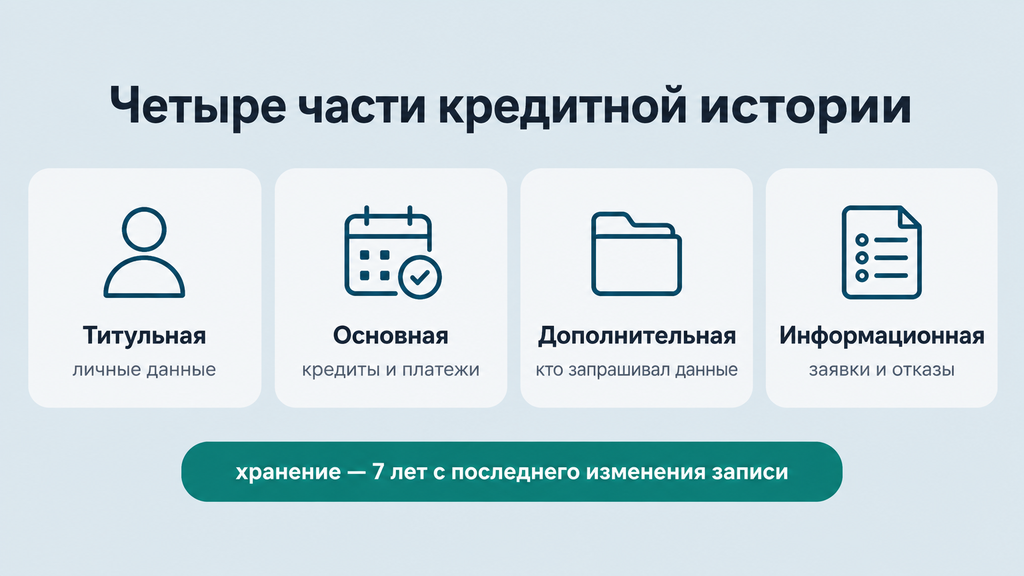 Схема четырёх частей кредитной истории в виде карточек с пиктограммами. Показано время хранения данных — 7 лет с последнего изменения записи.