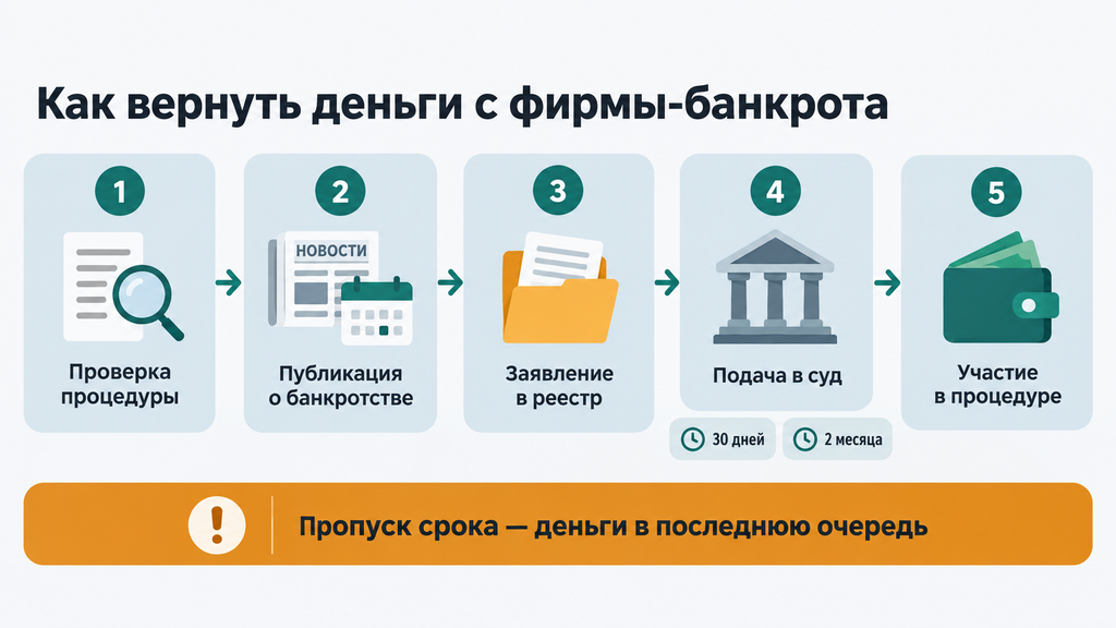 Схема возврата долга кредиторам при банкротстве должника пять пронумерованных этапов со сроками 30 дней и 2 месяца и предупреждением о пропуске заявления требований