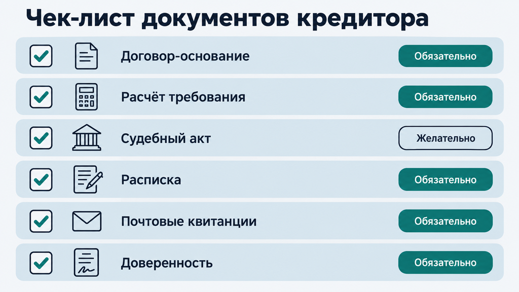 Чек-лист документов кредитора для включения требования в реестр с пиктограммами договора, расчёта, судебного акта, расписки, почтовых квитанций и доверенности со статусами обязательно и желательно