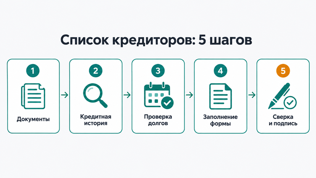 Схема заполнения списка кредиторов: пять пронумерованных шагов от документов до подписи с цветными иконками на светлом фоне