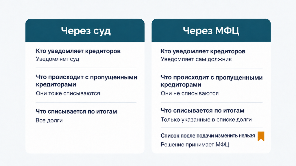 Сравнение роли списка кредиторов при судебном банкротстве и через МФЦ: порядок уведомления, статус пропущенных кредиторов и итоговый объём списания задолженности