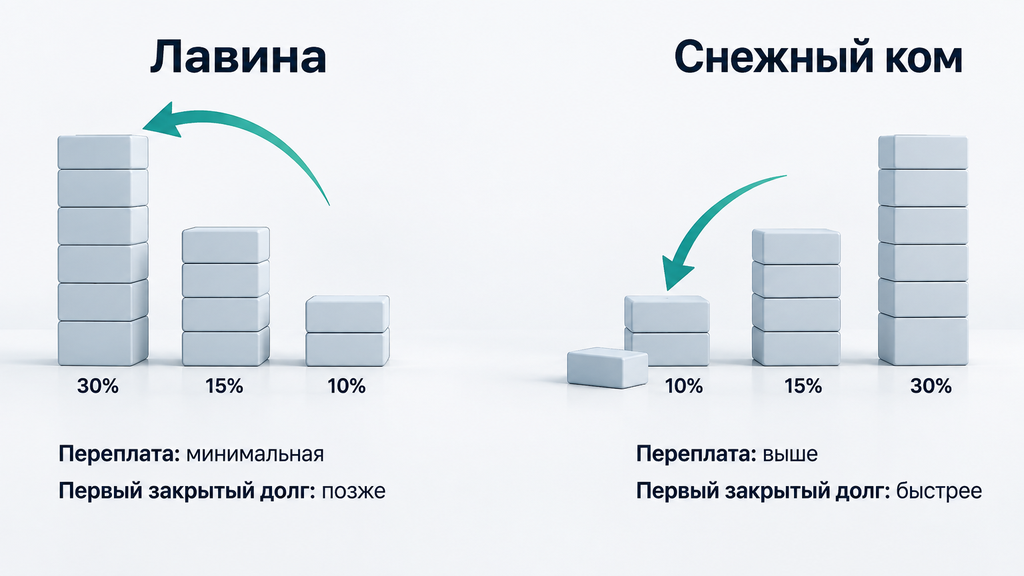 Инфографика сравнения стратегий погашения долгов Лавина и Снежный ком с визуализацией процентов и сроков закрытия первого кредита
