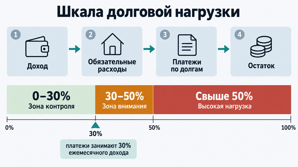 Инфографика шкалы долговой нагрузки и формулы личного бюджета: зелёная зона до 30%, янтарная 30–50%, коралловая свыше 50%. Визуализация помогает рассчитать долю платежей в доходе и определить момент для переговоров с кредитором
