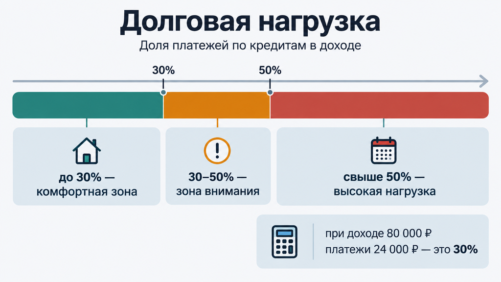 Горизонтальная шкала долговой нагрузки с цветными зонами до 30%, 30–50% и свыше 50% дохода для самопроверки перед подачей кредитной заявки