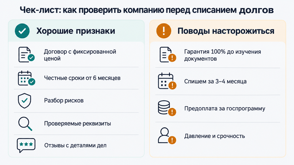 Чек-лист проверки компании по списанию долгов: критерии доверия и поводы насторожиться
