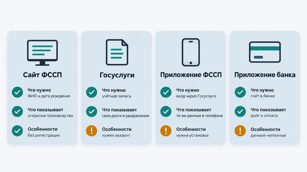 Сравнение способов проверки долгов по ФССП: сайт приставов, Госуслуги, мобильное приложение и банковское приложение