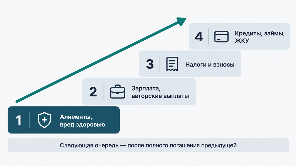 Четырёхступенчатая схема очередей взыскания по ст. 111 ФЗ №229: приоритет распределения средств должника от алиментов и вреда здоровью до кредитов и займов