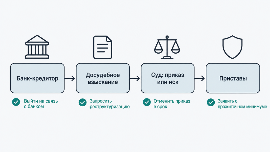 Горизонтальная схема взыскания долга от банка до приставов с точками законных действий должника на каждом этапе