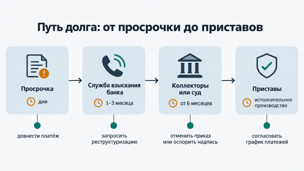 Схема процесса взыскания задолженности: таймлайн от просрочки до судебных приставов с выделенными сроками и точками принятия решений должником