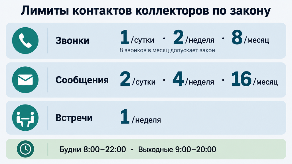 Инфографика: лимиты контактов коллекторов с должником по закону в 2026 году — звонки, сообщения, встречи