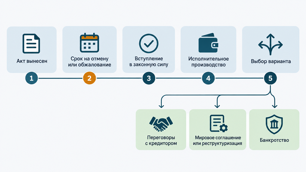 Горизонтальная схема этапов после судебного решения по долгу: сроки на обжалование, вступление в силу, исполнительное производство и законные варианты урегулирования задолженности