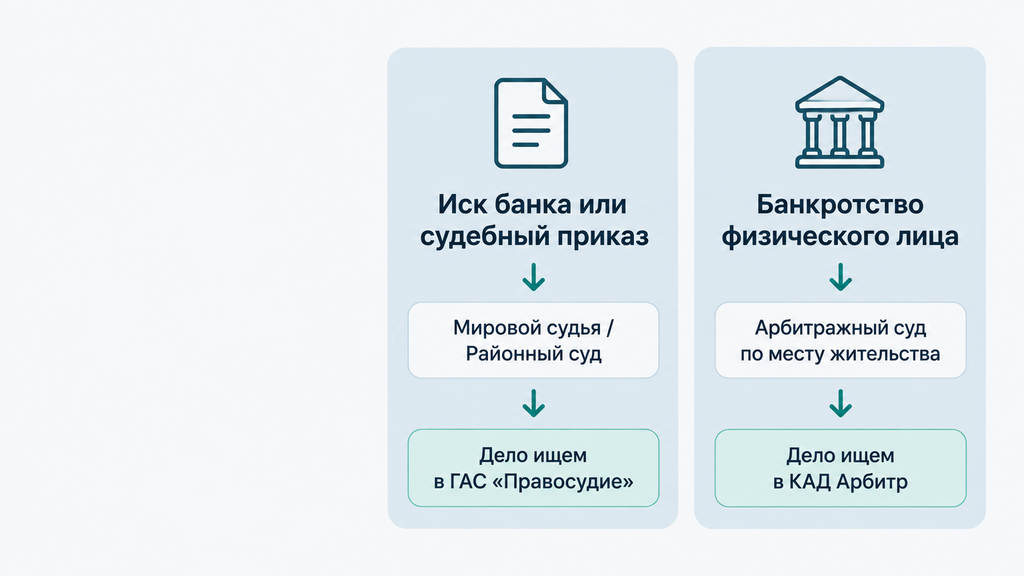 Сравнение двух путей должника: иск или судебный приказ подается в мировой или районный суд, банкротство — в арбитражный. Указаны системы поиска судебных дел.