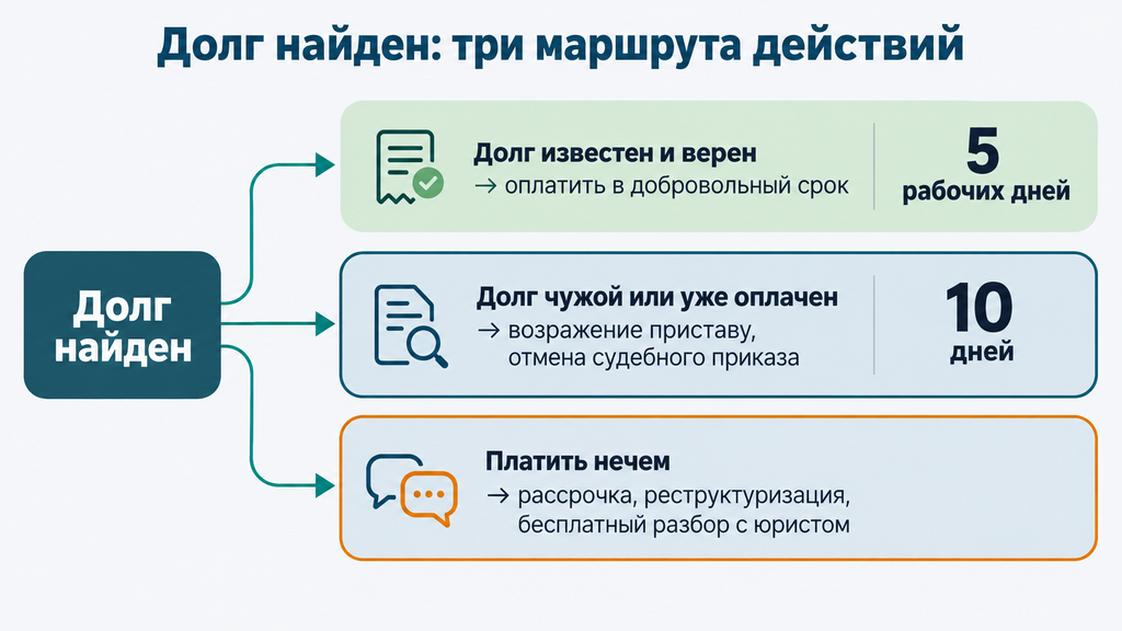 Дерево решений при обнаружении долга: три маршрута действий – добровольная оплата, оспаривание судебного приказа или рассрочка и реструктуризация
