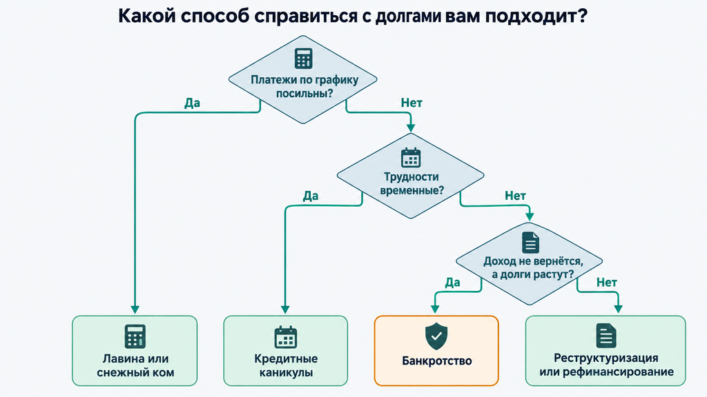 Дерево решений для выбора способа погашения долгов: каникулы, реструктуризация, рефинансирование или банкротство